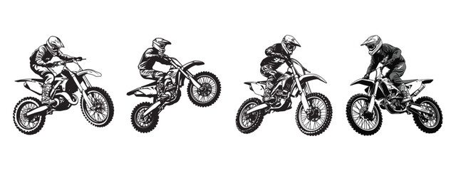 Set of hand drawn motor cross rider illustration. Vector graphic asset for streetwear design. Retro futuristic element in Y2K for apparel, clothing and poster design