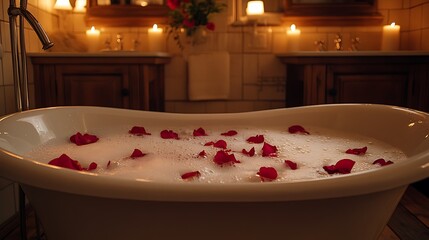 A vintage-style clawfoot tub filled with bubbles, surrounded by rose petals and candlelight, set in a bathroom with warm wooden tones and dim lighting, hd quality, tranquil and intimate atmosphere.