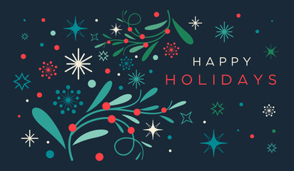 Happy Holidays Christmas card background, winter frame border, template printable with modern simple style, leaf, cliparts, tree branches, leaves, snowflakes, stars, pattern