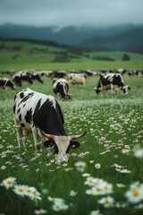 Fototapeta premium AI generator image of Farmers raising dairy cows to graze on the farm. On a mountain with meadows, grass and clear water streams.