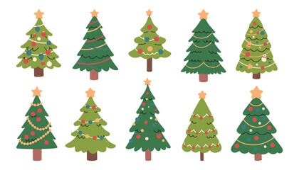 Simple Christmas tree set in cute flat cartoon style. Hand drawn New Year isolated fir trees with decoration, stars.