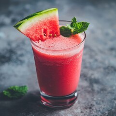 A refreshing watermelon smoothie with a frothy texture and a slice of watermelon garnish, served in a clear glass, Watermelon smoothie centered