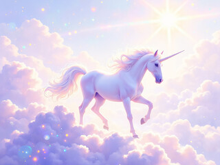 Fototapeta premium A magnificent white unicorn gracefully leaps through fluffy pastel clouds illuminated by soft rays of sunlight, creating a magical and ethereal atmosphere for illustration.
