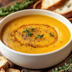 A rich and comforting butternut squash soup with a swirl of cream and a garnish of toasted pumpkin seeds, served in a white bowl, Soup centered