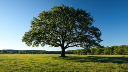 Fototapeta premium Large green tree standing alone in a sunny field against a clear blue sky.