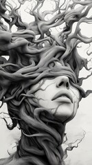 Surreal face entwined with twisting, tree-like branches, AI