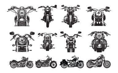 Set of hand drawn vintage motorcycle illustration. Vector graphic asset for streetwear design. Retro futuristic element in Y2K for apparel, clothing and poster design