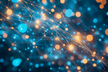 Technology background. Abstract connected dots and lines on blue background. Communication and technology network concept with moving lines and dots. Network connection structure.