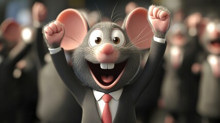 A cartoon mouse in business attire giving an energetic cheer, outshining its peers in a corporate setting.