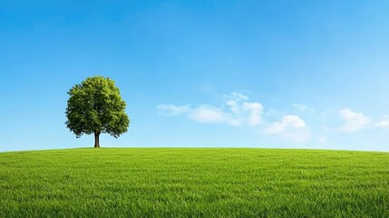 Fototapeta premium Lone tree on a green hill under a clear blue sky, peaceful nature scene.