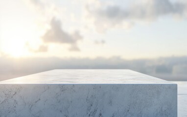 Ground level angle view close up, surface of matte light gray stone table, with a minimalist surrounding of soft blurred sky, bright white lighting, and subtle cool tones, highlighting copy space, ad 