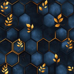 A dark hexagonal pattern with golden leaves, suitable for backgrounds or graphic design.