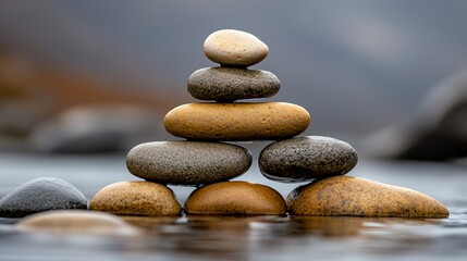 A balanced stack of smooth stones on a tranquil water surface, symbolizing harmony.