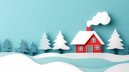 A charming red house surrounded by snowy landscapes and evergreen trees, evoking a cozy winter atmosphere.