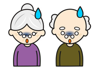 シニア、老人、高齢者、イラスト、かわいい、おばあちゃん、祖母、おばあさん、人物、女性、白バック、おじいちゃん、おじいさん、中高年、お年寄り、祖父、70代、ショック、びっくり、問題、驚く、驚き、汗、青くなる、青ざめる、表情、感情、老夫婦、老後、線太、カップル、ファミリー