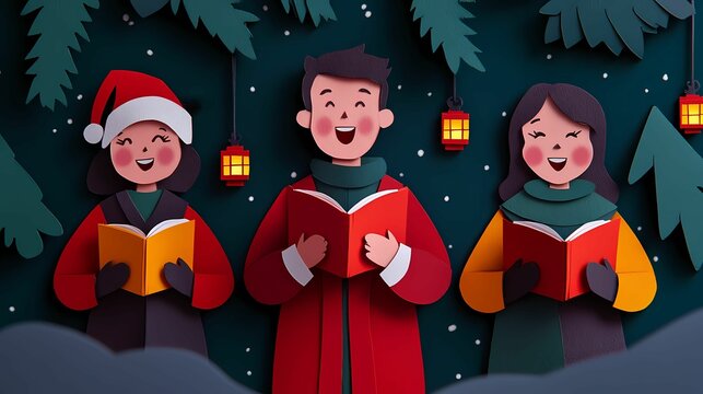 A festive illustration of three cheerful carolers singing under a starry sky, surrounded by evergreen trees and lanterns, celebrating the holiday spirit.
