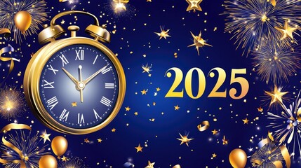 Naklejka premium Golden Clock Fireworks Balloons Celebrate New Year Two Thousand Twenty Five