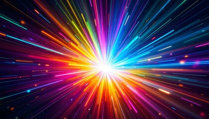 Flash rainbow abstract colorful background design. Multi-colored stripes and lines in perspective and converging into a point. Rainbow colored comic book. Bright abstract party invitation background