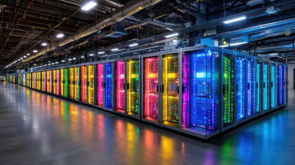 Database. A vibrant data center featuring rows of colorful server racks, showcasing advanced technology in a modern, industrial environment.
