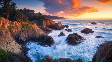 Obraz premium Aerial view of waves crashing against a rocky shore at sunset, showcasing vibrant ocean colors and the relentless power of nature