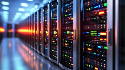 Database. A modern data center featuring rows of illuminated server racks, showcasing advanced technology in a sleek, organized environment.