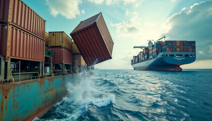 Shipping Container Falling Into The Sea With Large Cargo Ship In Background On A Sunny Day