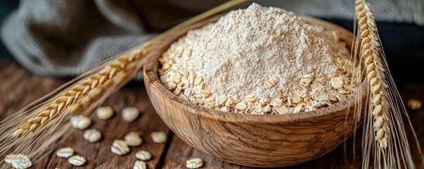Obraz premium Bowl of flour with oats and wheat, rustic wooden table backdrop.