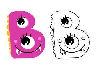 Vector cartoon illustration of monsters letter english alphabet. Color and outline drawing. Coloring book for primary children.
