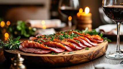 Succulent meat platter with herbs, wine glasses, and warm ambiance.