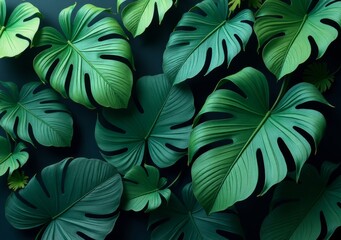 Fototapeta premium Lush green leaves of tropical plants create a vibrant, natural background