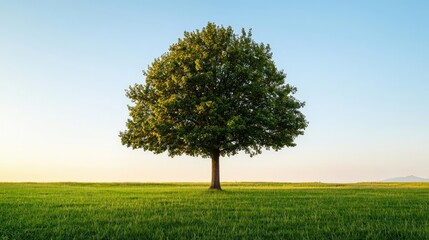 Naklejka premium Solitary tree on a lush green field with a clear blue sky in the background.