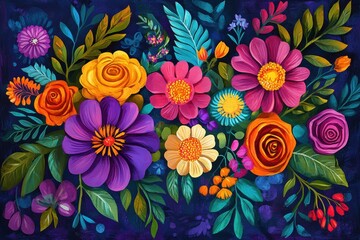 Hispanic heritage month art showcasing vibrant flowers and greenery against a dark backdrop