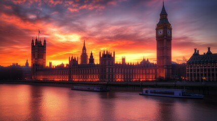 Fototapeta premium A stunning sunset over London highlights Big Ben, the River Thames, and Westminster Palace's Gothic beauty.