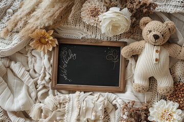 Pregnancy announcement with teddy bear, dried flowers and a black letterboard in the centerof a soft muslin blanket