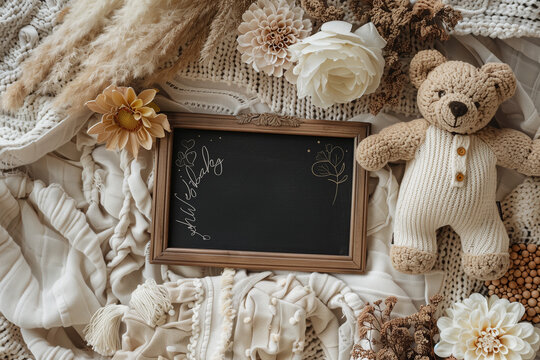 Pregnancy announcement with teddy bear, dried flowers and a black letterboard in the centerof a soft muslin blanket