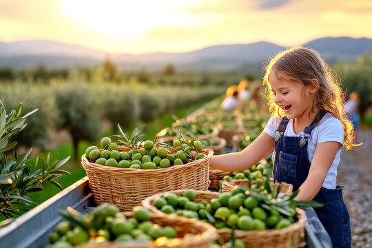  Ni&ntilde;a sonriente recolectando aceitunas en canastas en un campo al atardecer, rodeada de olivos.
