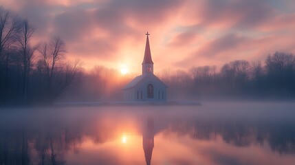 Obraz premium Church steeple silhouette with a cross, backlit by a radiant Easter sunrise, sky filled with soft pastel hues, reflections shimmering on a still pond below, mist rising gently,