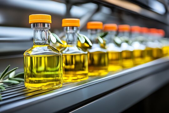  L&iacute;nea de producci&oacute;n de botellas de aceite de oliva con tapones naranjas, listas para ser distribuidas.
