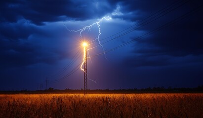 Obraz premium AI generator image of high voltage pole,lightning near the high power pole in the field during the storm.