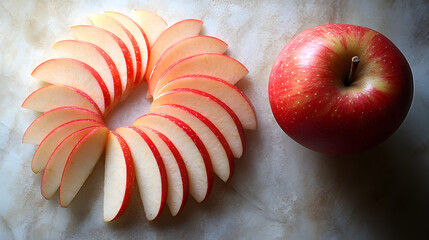 A whole red apple sits beside a ring of thin apple slices arranged on a marble-like surface.  The image is well-lit, showcasing the vibrant red hues and juicy texture of the fruit.
