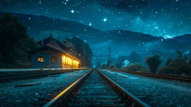 A beautifully lit night scene of a train station with glowing platform lights, showcasing the tracks leading off into the distance under a starry sky 