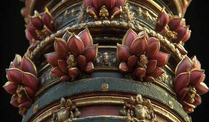 Fototapeta premium AI generator images of Long pillar with dragon elements, gold and rock, relief on top, pillar with Chinese dragon and beautiful patterns black background