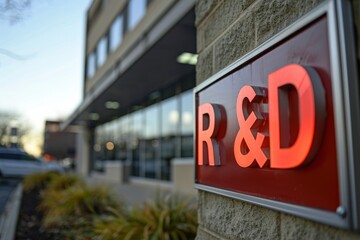 A bright sign displaying "R&D" in bold serif font, positioned at the entrance to the research and development department 