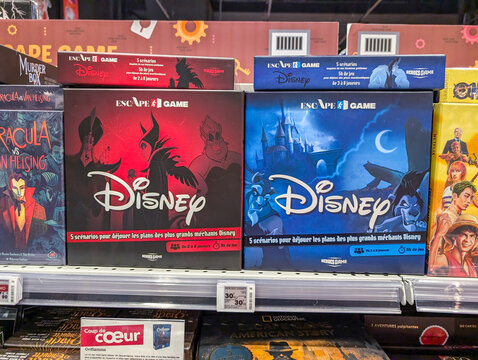 France, 09 November 2024 : Disney escape game boxes featuring iconic villains and castle