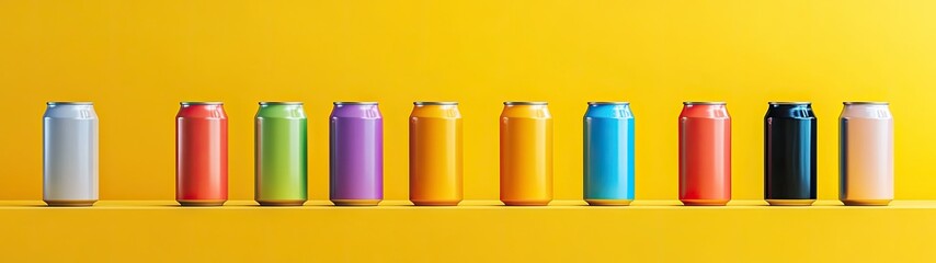 Colorful Aluminum Cans Arranged on Yellow Shelf