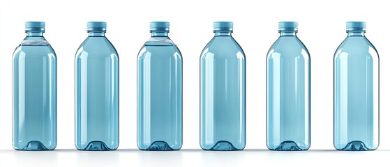 Six Blue Plastic Water Bottles Displayed in a Row
