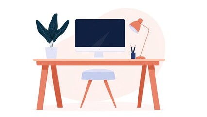 Fototapeta premium Functional home desk, monitor with task lamp, flat design illustration