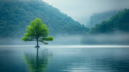 Lonely Tree Standing in Calm Lake with Hills in Background