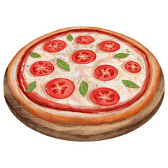 Illustration of Tomato Basil Pizza on Wood Plate