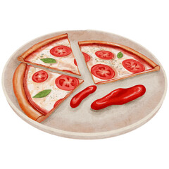 Watercolor Illustration of Pizza Slices with Ketchup